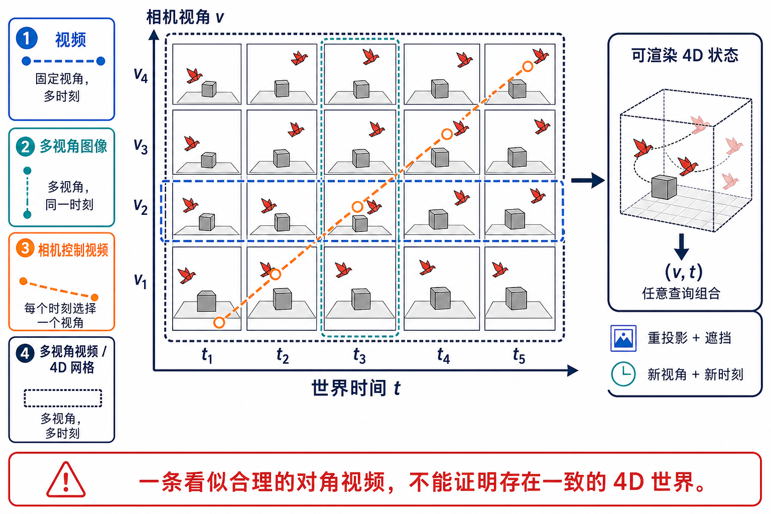 相机视角与世界时间的二维合同。普通视频只覆盖固定视角下的一条时间线,多视角图像只覆盖固定时刻的多视点,相机控制视频每个时刻只选择一个视角;多视角视频或 4D 合同覆盖视角与时间网格,并可进一步形成接受任意视角时间查询的可渲染状态。底部警告说明一条看似合理的对角视频不能证明一致的 4D 世界。