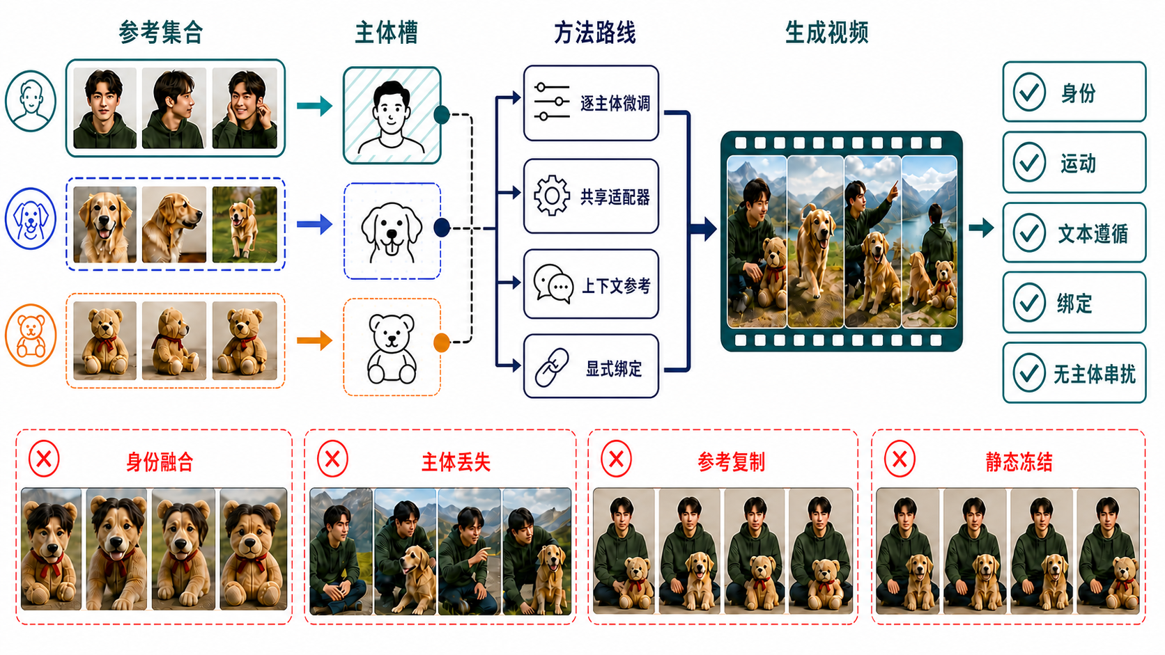 开放集视频个性化合同图。左侧三组人物、狗和玩具参考图分别进入三个主体槽;中间四条并列路线为逐主体调优、共享适配器、上下文参考 token 和显式绑定;右侧生成的新场景视频依次通过身份、运动、文本、绑定和无泄漏五道门。下方四个反例分别展示身份融合、主体丢失、参考复制和静态冻结。