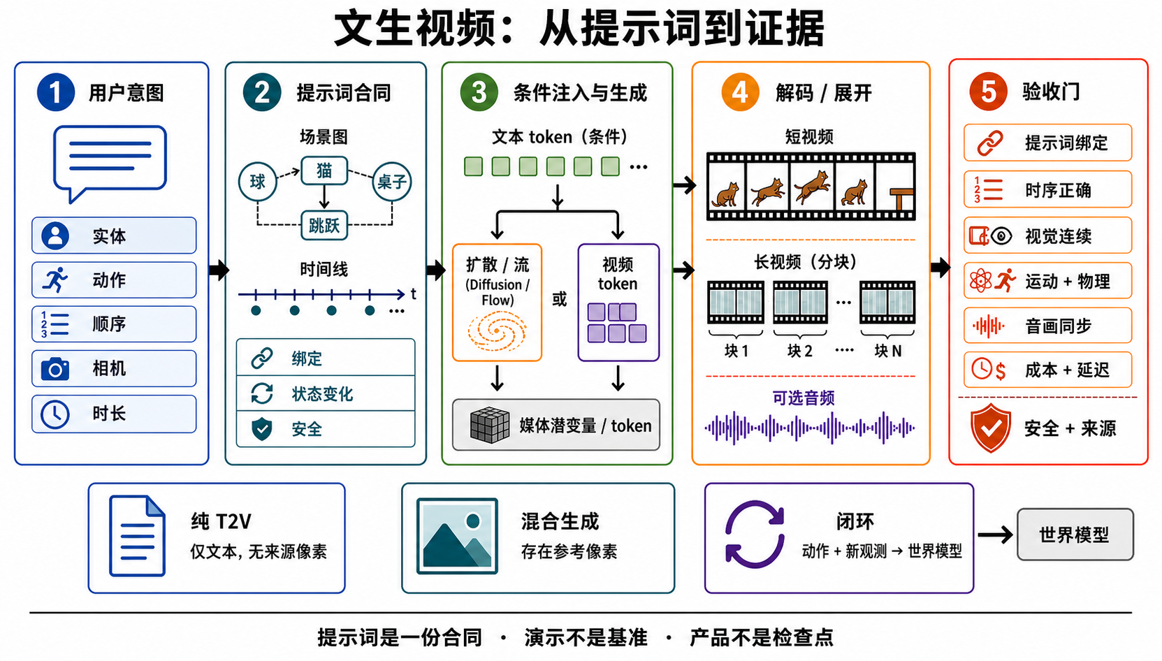 文本到视频从用户意图、提示词契约、条件注入、生成与解码到验收门的五阶段流程;下方区分纯 T2V、含来源像素的混合生成和接收动作与新观测的闭环世界模型。