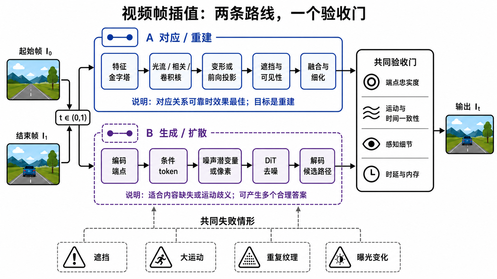 视频帧插值双路线示意图：起始帧、结束帧和查询时间分别进入对应/重建路线与生成/diffusion 路线。重建路线依次经过特征金字塔、光流或相关/卷积核、warp 或 splat、遮挡可见性、融合与细化；生成路线依次编码端点、构造条件 token、在噪声 latent 或像素上用 DiT 去噪并解码候选路径。两路共同接受端点忠实度、运动与时间一致性、感知细节、时延与显存验收；共享失败情形包括遮挡、大运动、重复纹理和曝光变化。
