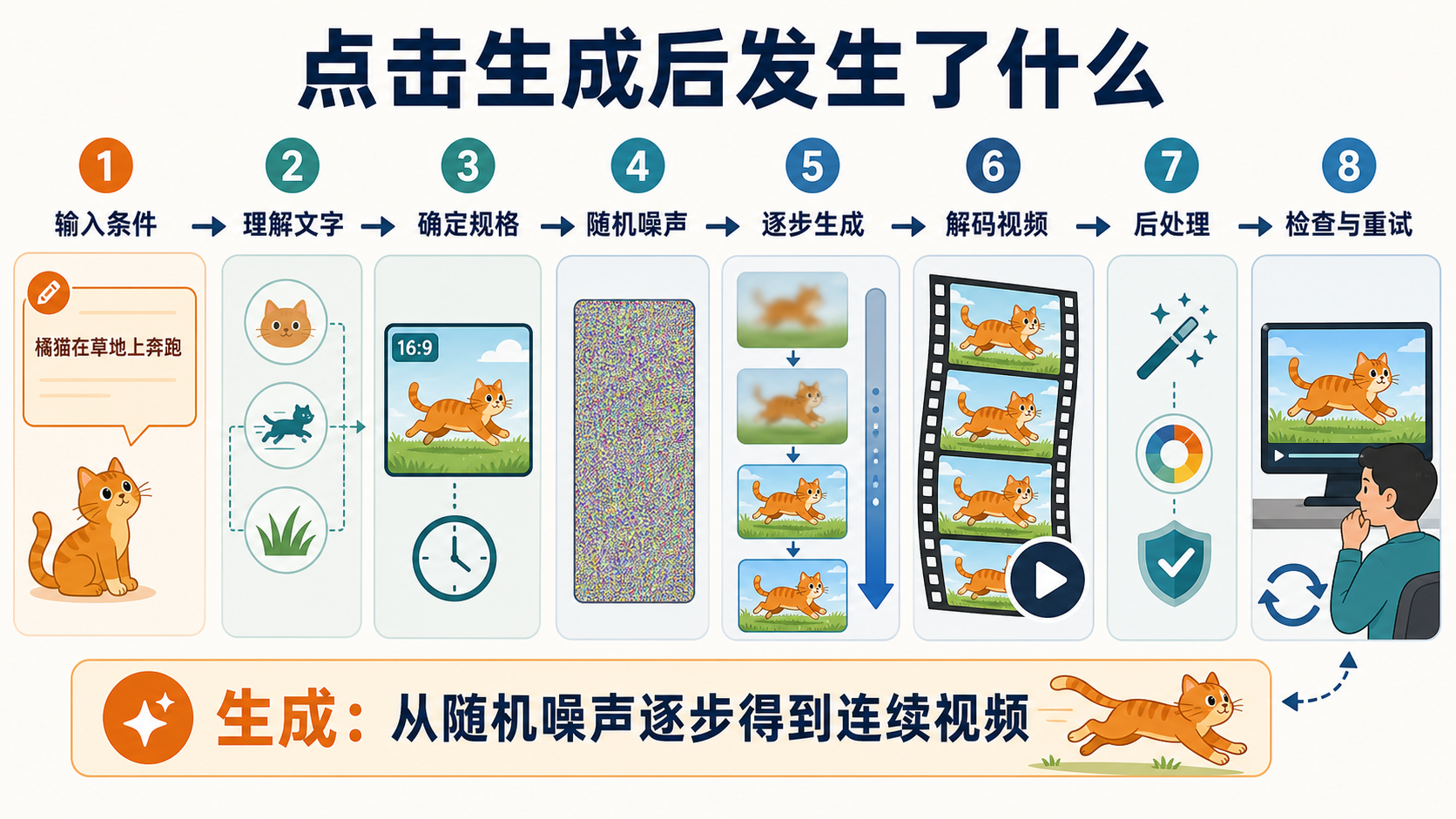 点击生成后的八步流程：从输入条件和随机噪声到最终视频