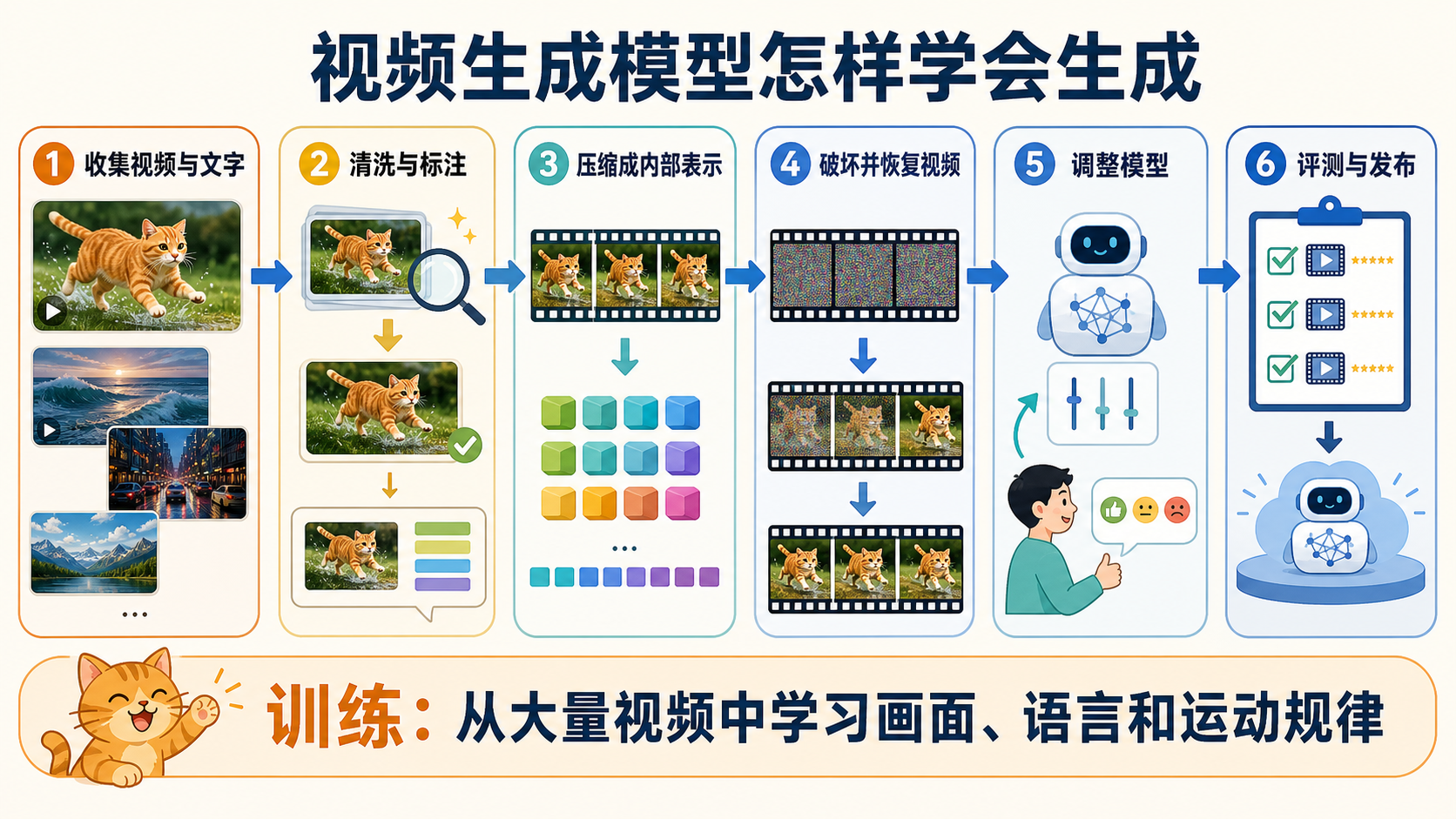视频生成模型的六步训练流程：收集、清洗、压缩、恢复、调整、评测