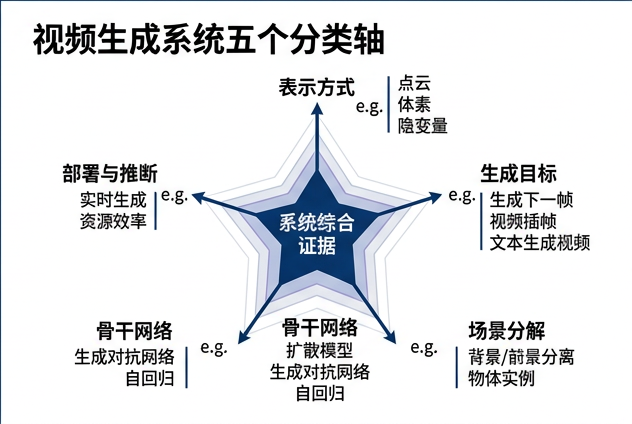 图 008：视频生成系统的五个交叉分类轴
