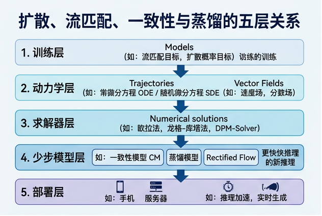 图 021：DDPM、SDE、PF-ODE、Flow Matching、Rectified Flow、Consistency 与 DMD 的五层关系