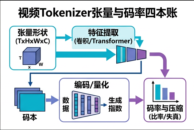 图 034：视频 tokenizer 的张量与码率四本账