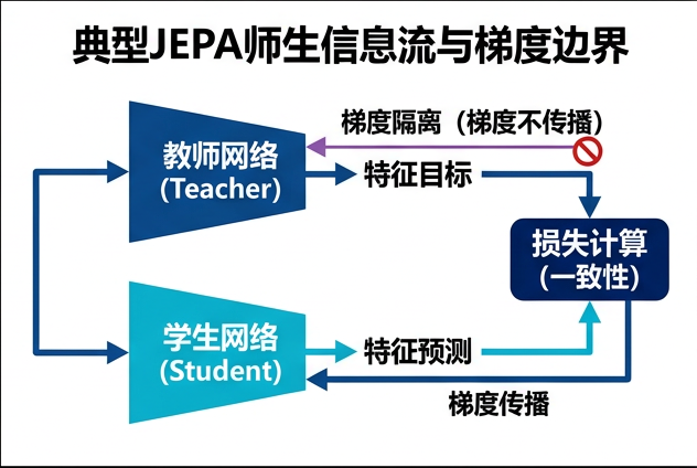 图 036：典型 teacher student JEPA 的信息流与梯度边界