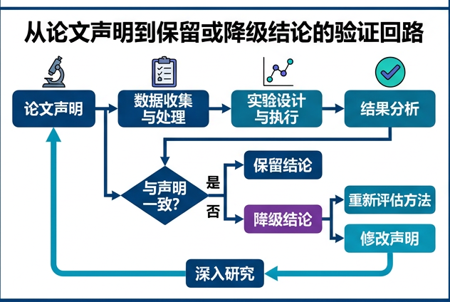 图 043：从论文声明到保留或降级结论的验证回路