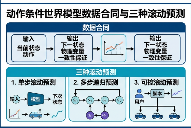 图 044：动作条件世界模型的数据合同与三种 rollout