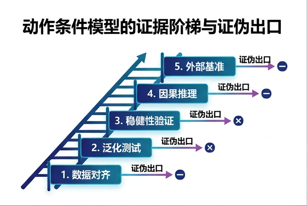 图 045：动作条件模型的证据阶梯与证伪出口