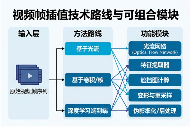 图 050：视频帧插值技术路线与可组合模块